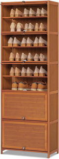Tall Bamboo Shoe Storage Cabinet with Doors, 10 Tier Freestanding Shoe Shelf Rack B8831