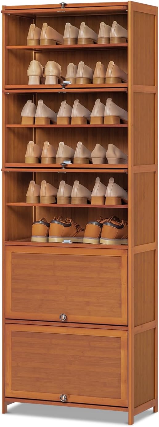 Tall Bamboo Shoe Storage Cabinet with Doors, 10 Tier Freestanding Shoe Shelf Rack B8831
