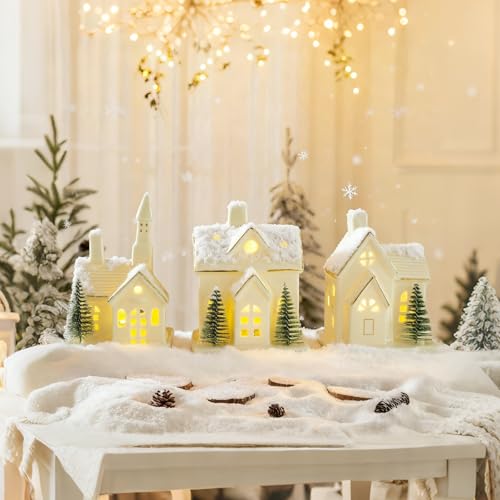 White Ceramic Christmas Village Houses 3Pcs with 4Pcs Trees LED Lighted Tabletop House Figurines E982552