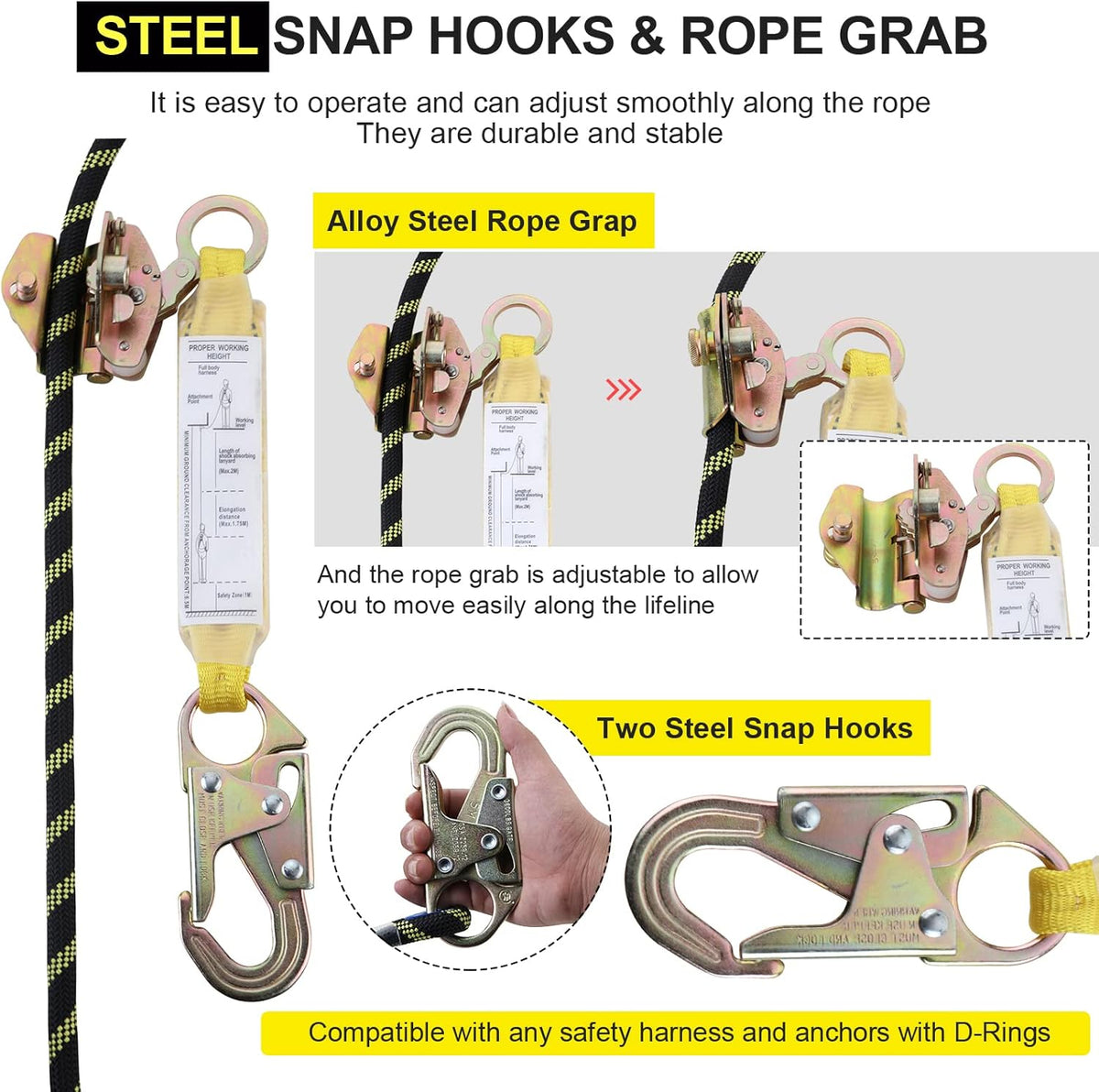 50 ft Vertical Lifeline Rope Assembly with Rope Grab Snap Hooks Y432
