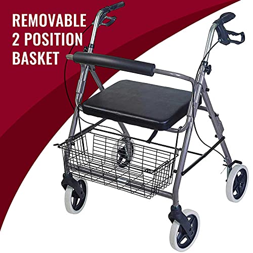 Burgundy Rollator Walker with Extra Wide Seat and Backrest B7043