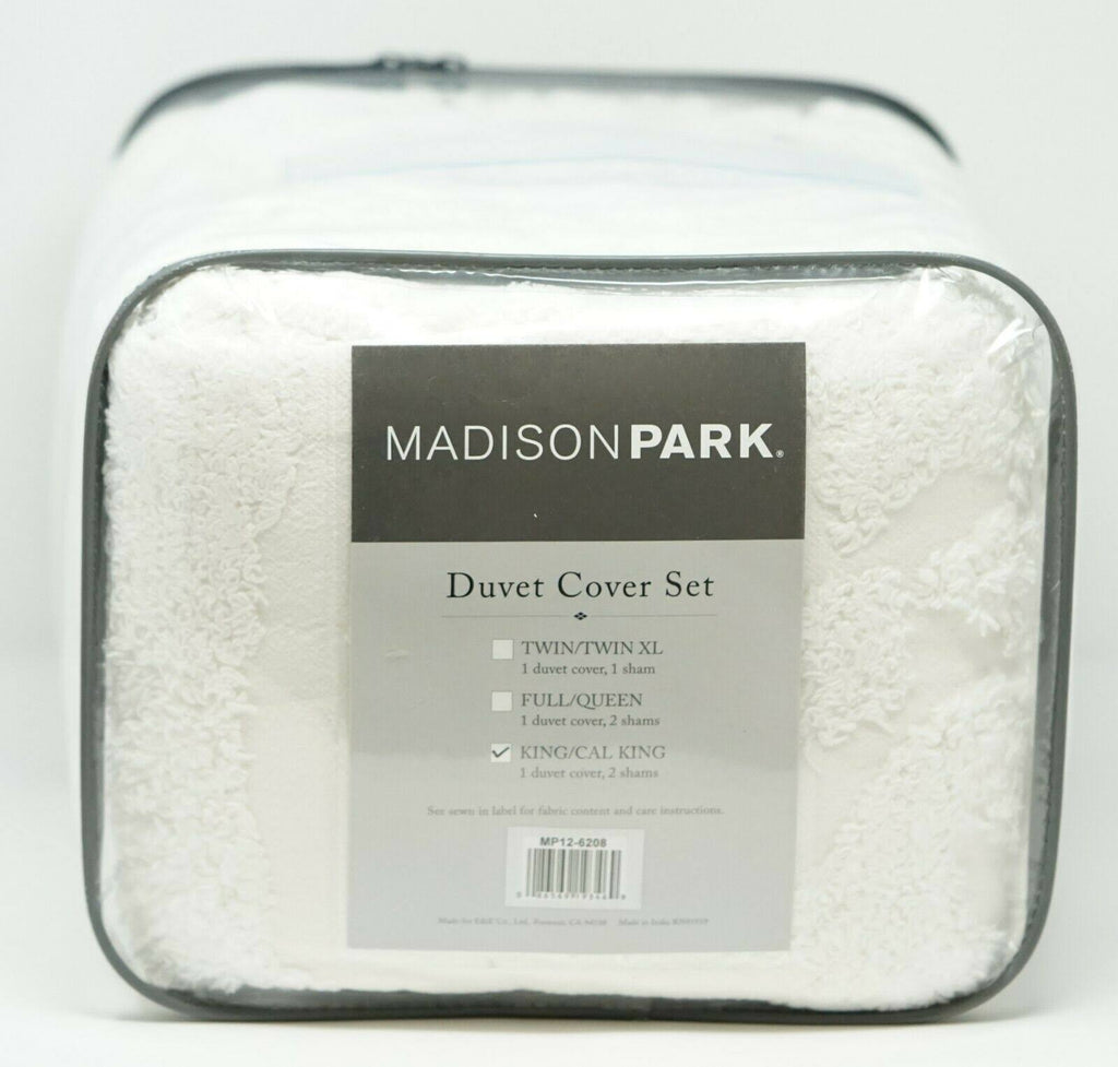 3 Piece Tufted Cotton Chenille Damask Duvet Cover Set White King/Cal King L6379
