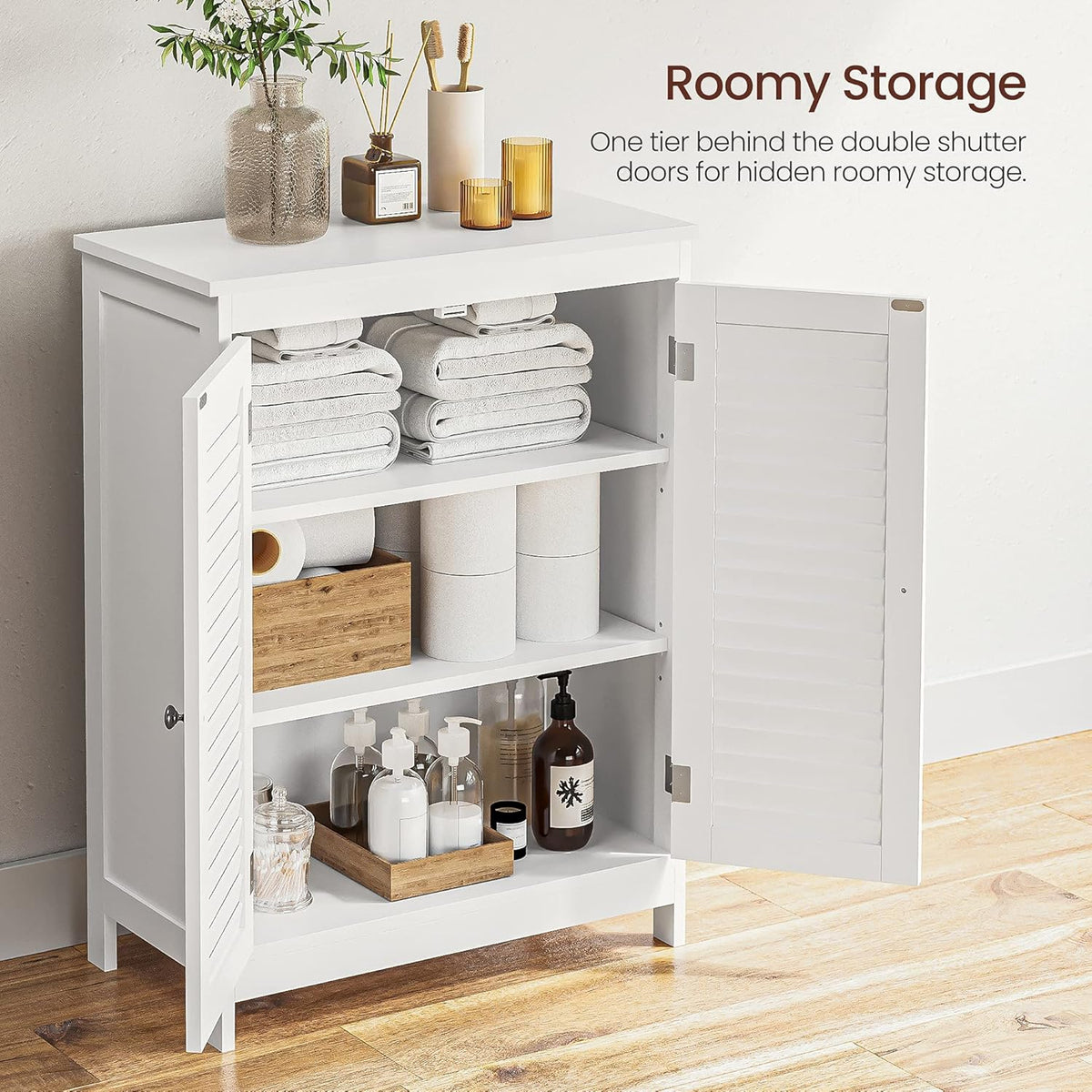 White Bathroom Storage Cabinet with Double Shutter Doors and Adjustable Shelf B4464