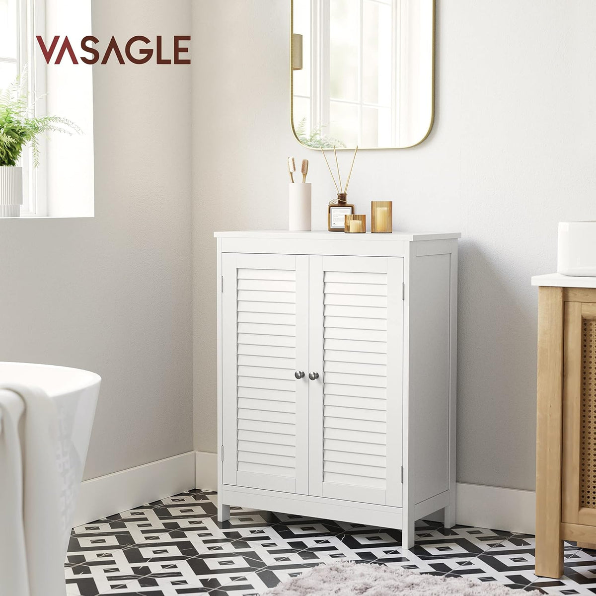 White Bathroom Storage Cabinet with Double Shutter Doors and Adjustable Shelf B4464
