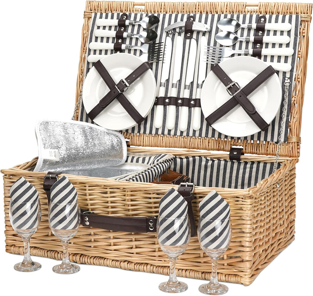 Willow Wicker Picnic Basket Set for 4 with Insulated Cooler Bag Y982981