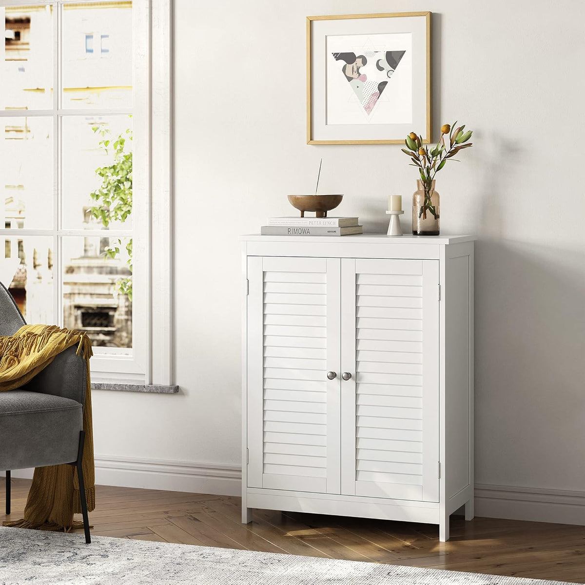 White Bathroom Storage Cabinet with Double Shutter Doors and Adjustable Shelf B4464
