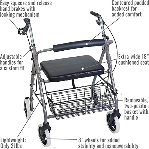 Burgundy Rollator Walker with Extra Wide Seat and Backrest B7043