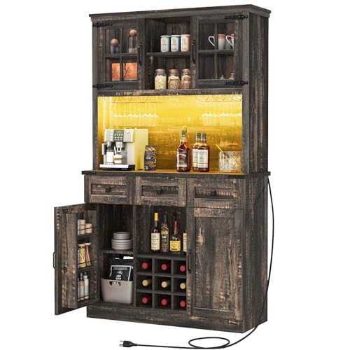 72" Dark Rustic Oak Coffee Bar Cabinet with Storage Shelves and 3 Drawers I517