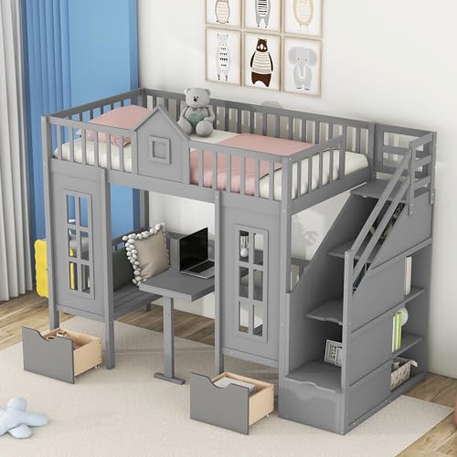 White Wooden Bunk Beds with Stairs and 2 Storage Drawers J312251