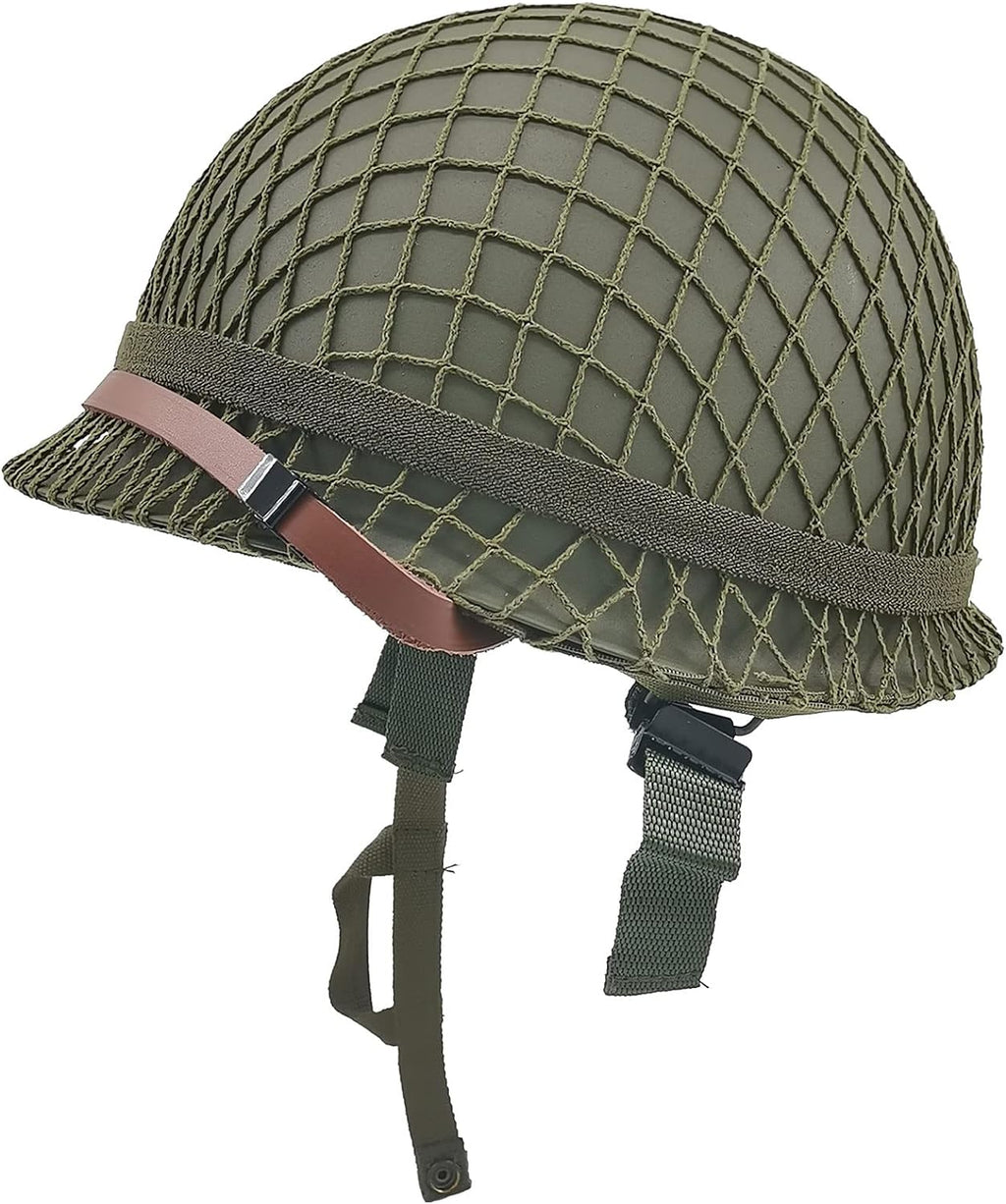WWII US Army M1 Helmet Metal Steel Shell Replica with Net Canvas Chin Strap Cat Eye Band B94719