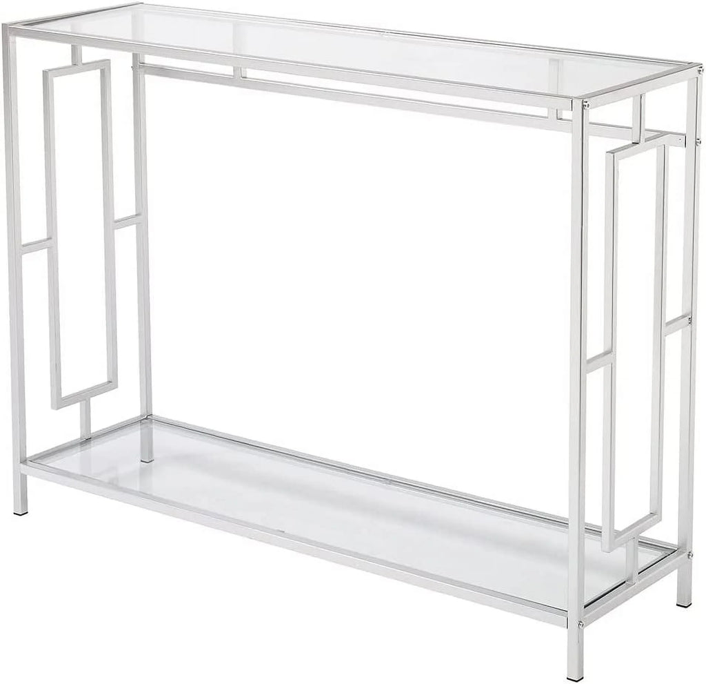 2-Tier Glass Console Table with Tempered Glass Top and Metal Frame E7670