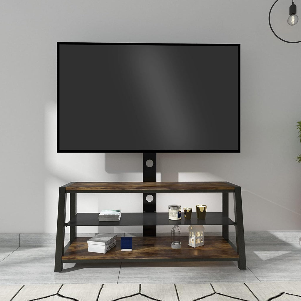 Swivel Floor TV Stand with Adjustable Tempered Wooden Shelves Y84422