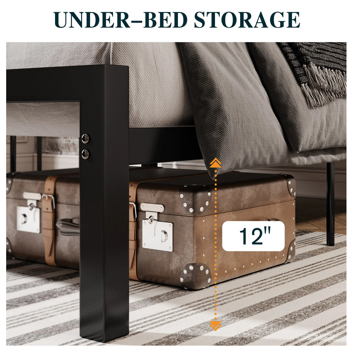Black Queen Size Metal Platform Bed Frame with Leather Headboard S753525