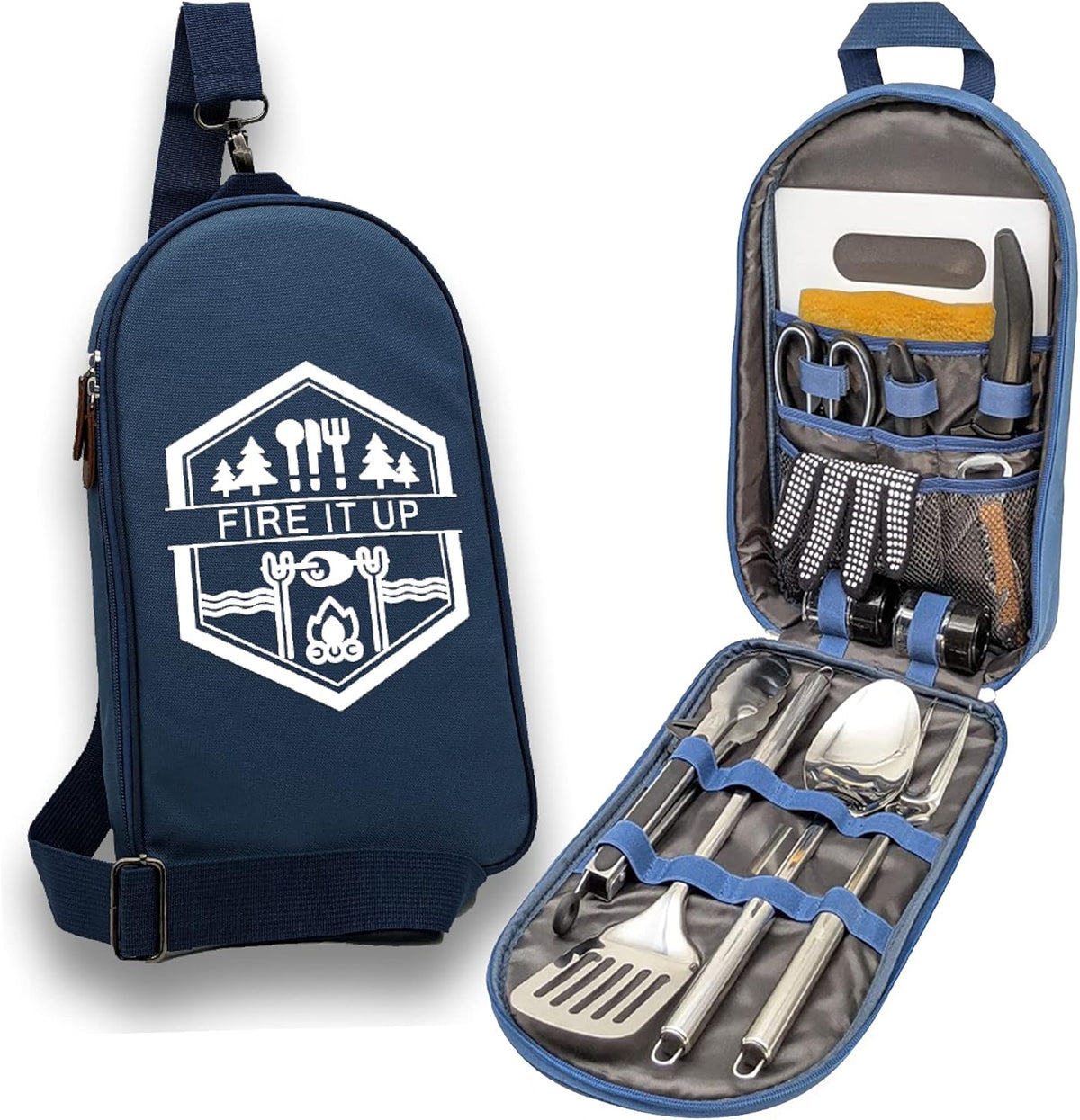 13 PC Stainless Steel Grilling Camping Cooking Utensils Set with Carrying Bag L73375