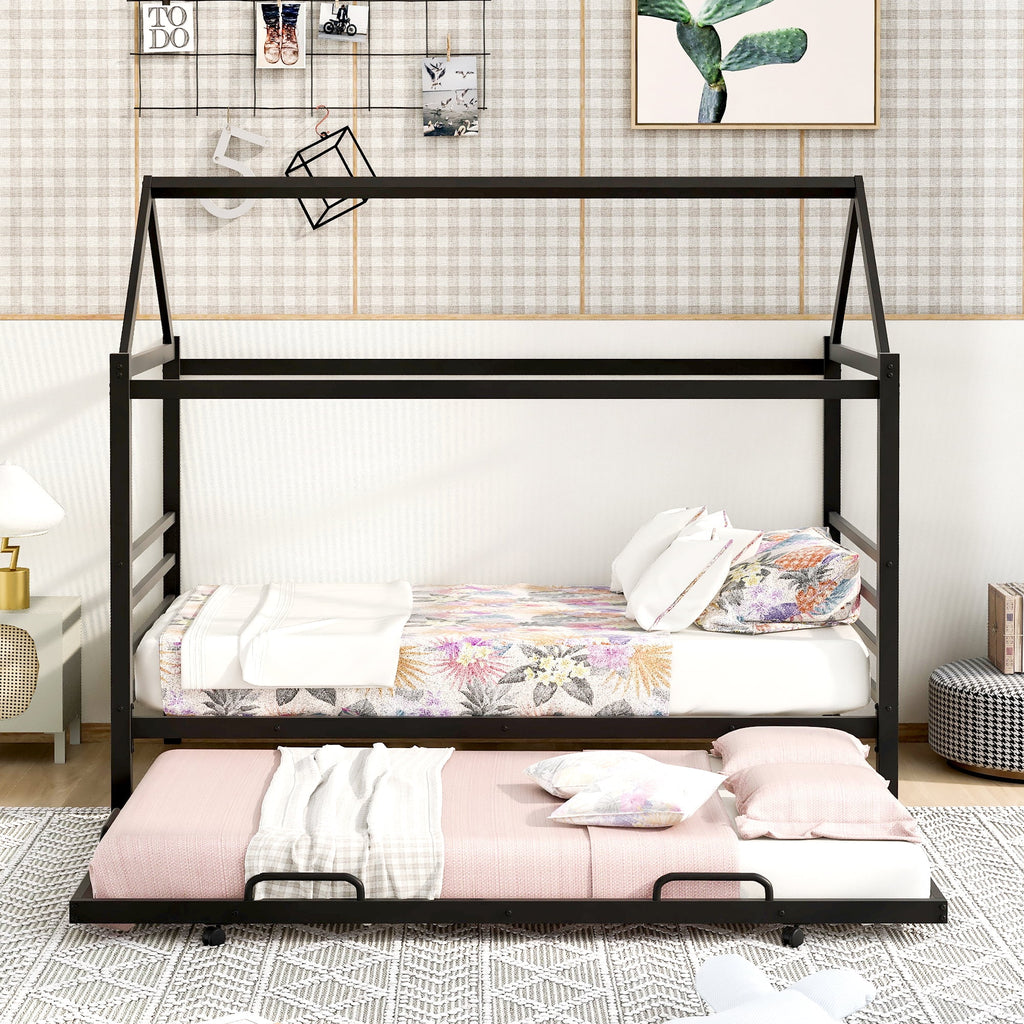 Twin Size Black Metal House Shape Platform Bed with Trundle H760