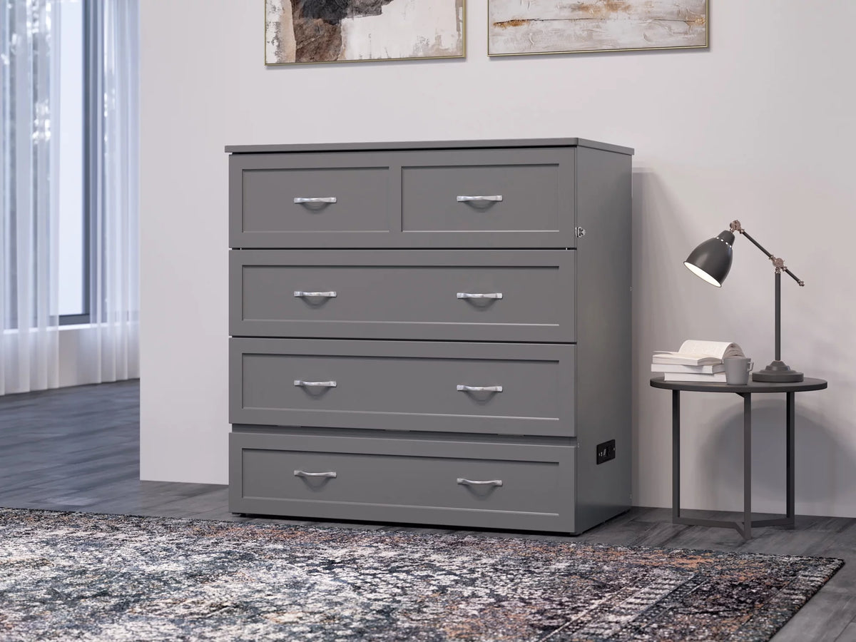 Twin XL Solid Wood Murphy Bed Chest with Mattress, Drawer & Charger, Grey C1757