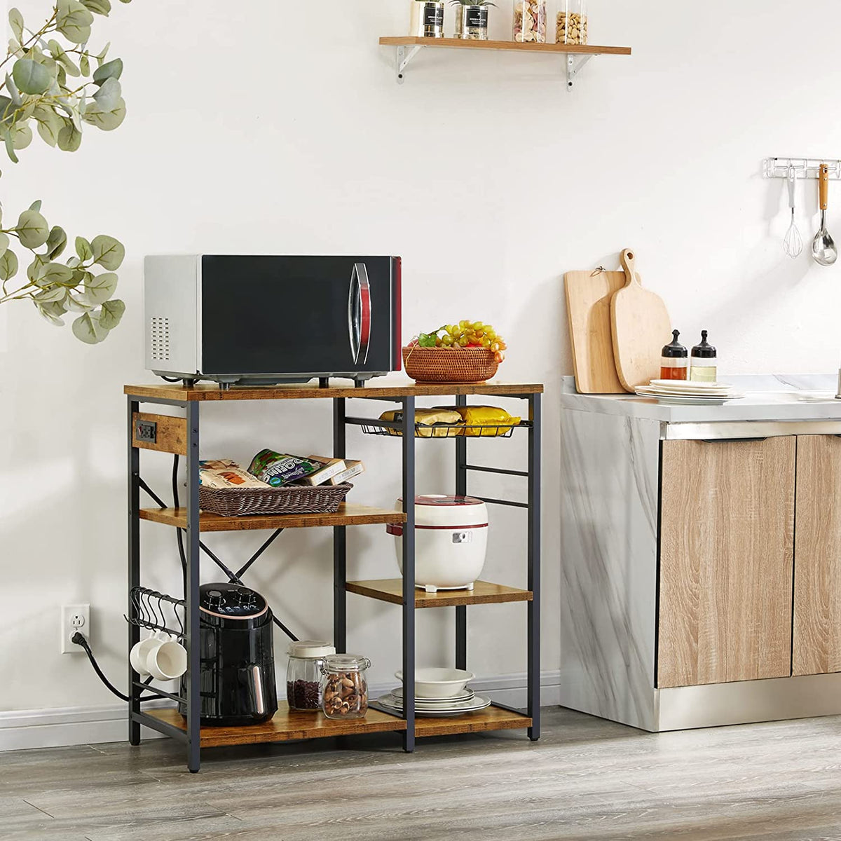 Rustic Brown Bakers Rack with Power Outlet Q47987