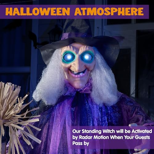 72" Animated Witch Halloween Decoration with LED Eyes and Sound V6743