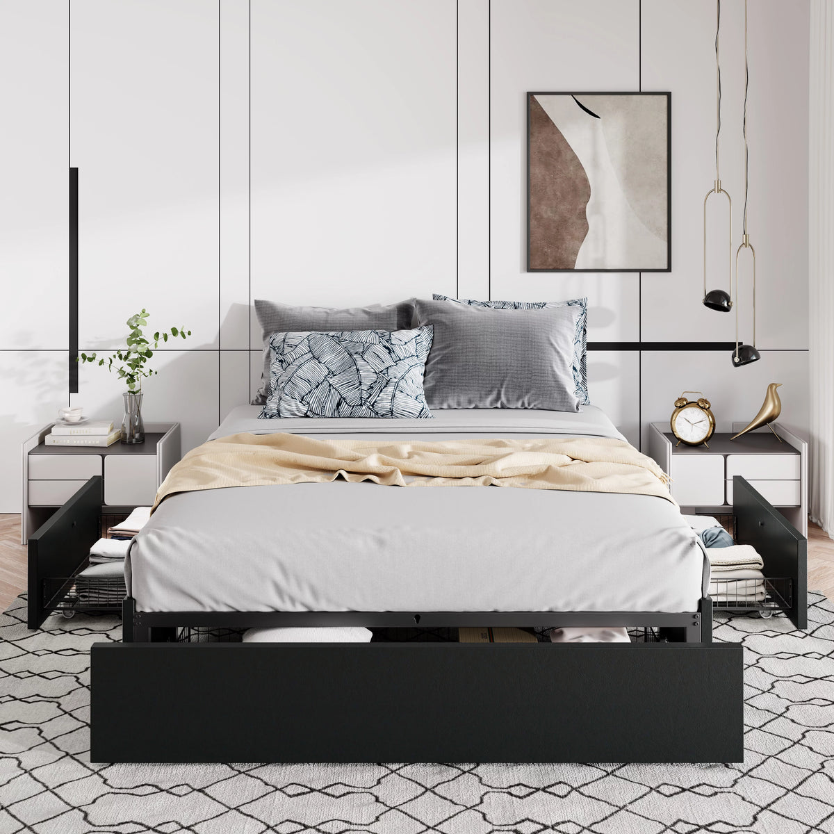 Queen Size Platform Bed Frame with 3 Storage Drawers L454