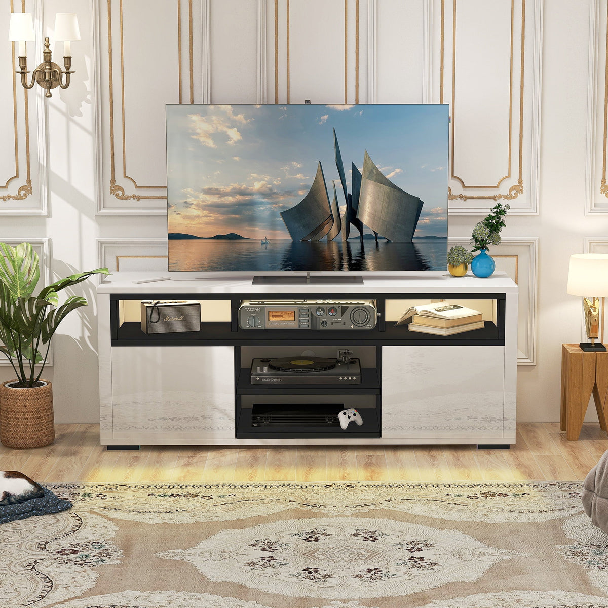 White High Gloss TV Stand with LED Lights B6082