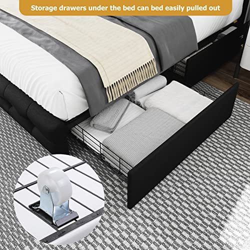 Black Queen Upholstered Platform Bed Frame with 4 Storage Drawers N13042