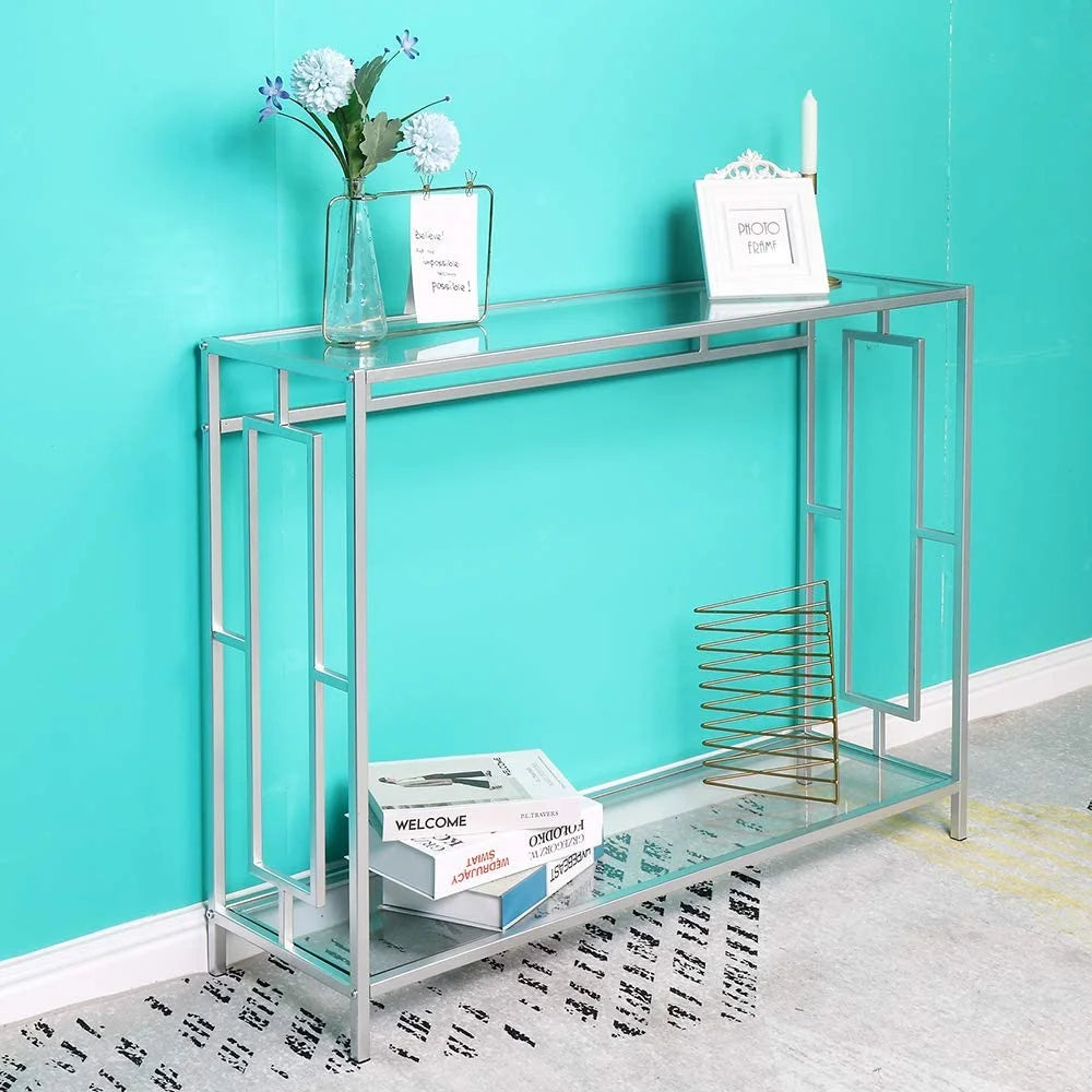 2-Tier Glass Console Table with Tempered Glass Top and Metal Frame E7670