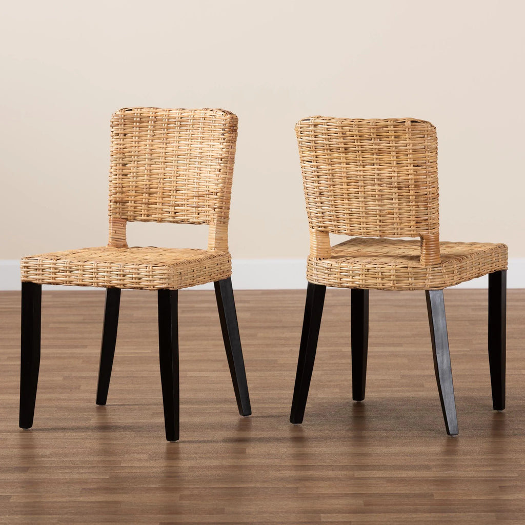 Dark Brown Wood and Natural Rattan 2-Piece Dining Chair Set O511