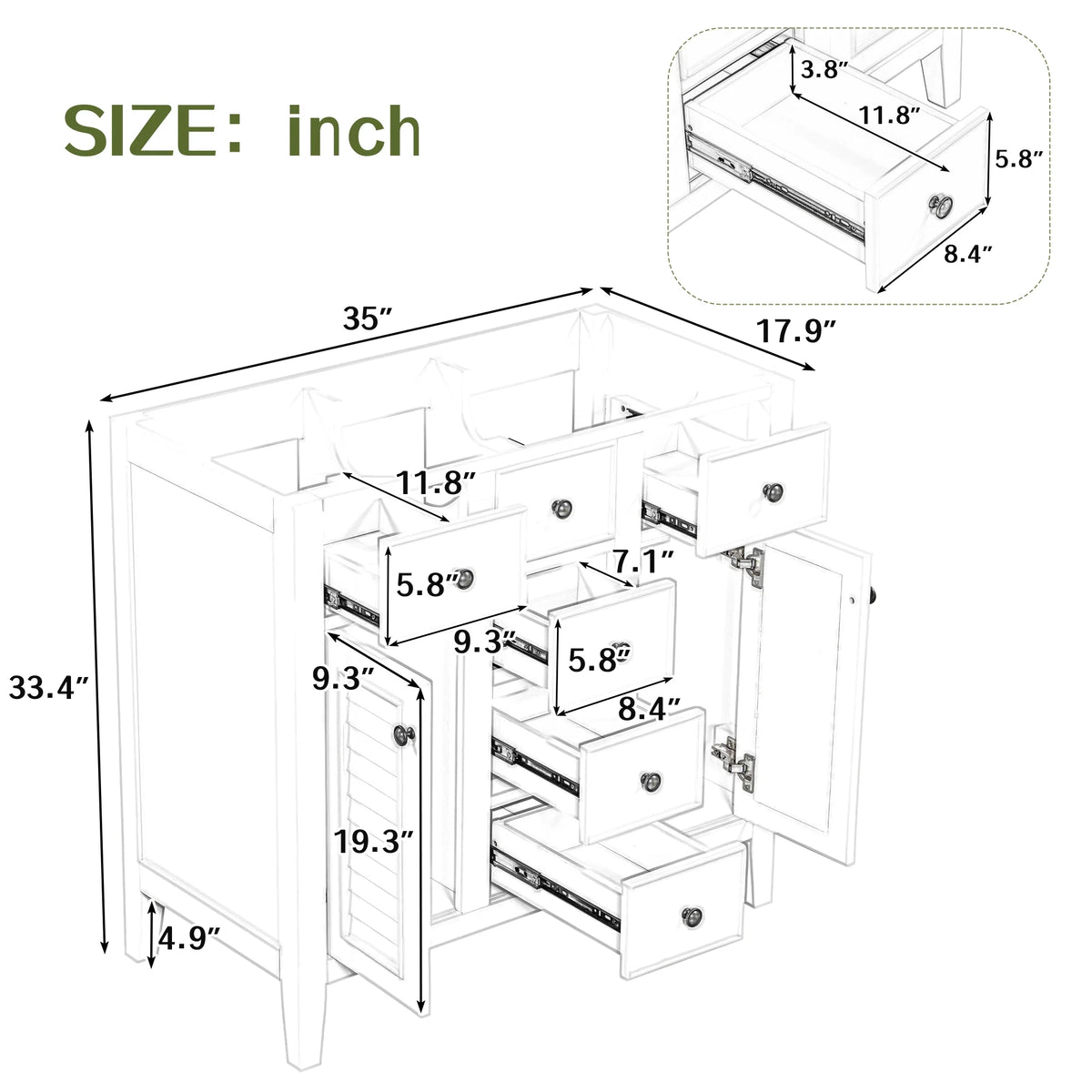 36" White Bathroom Vanity Base Only with 5 Drawers, 2 Doors, Solid Wood Frame O49837