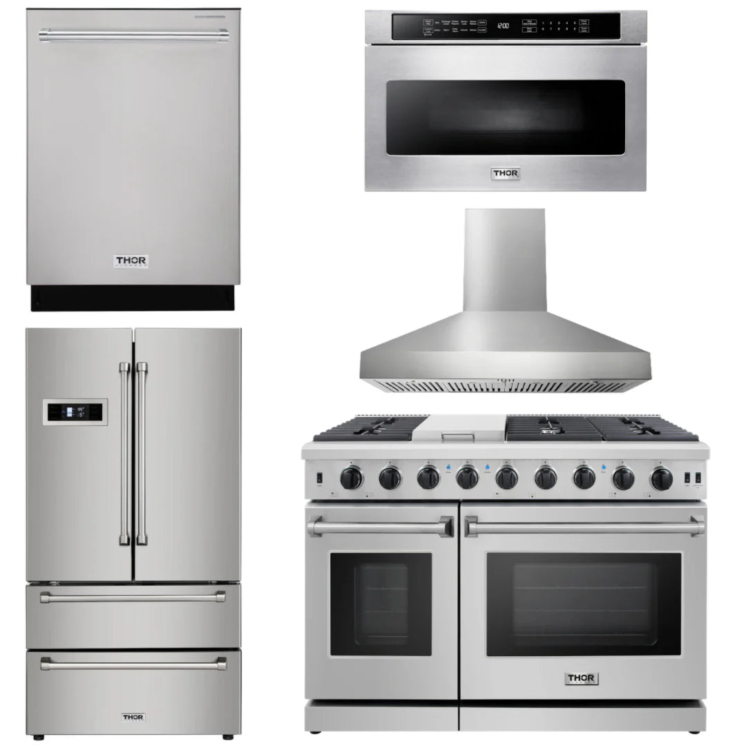 48 in. Propane Gas Range, Range Hood, Dishwasher, Refrigerator, Microwave Drawer V31057