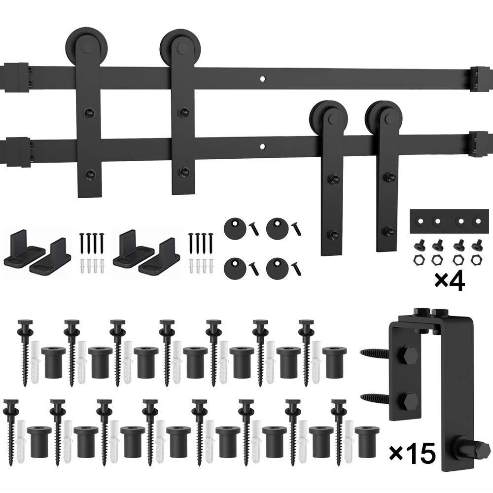 18ft Double Bypass Sliding Barn Door Hardware Kit Black Finish N8101