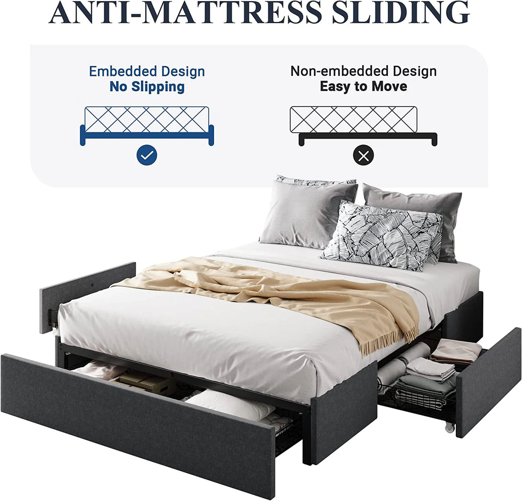 Queen Size Platform Bed Frame with 3 Storage Drawers L454