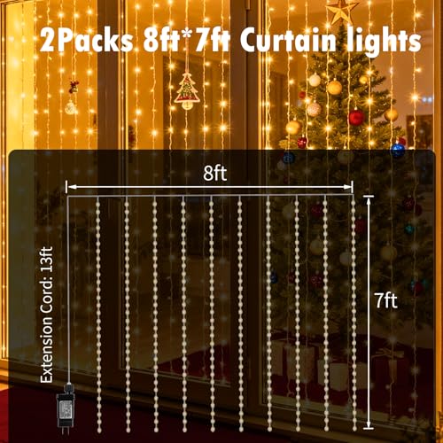 2 Packs LED Curtain String Lights 8FT x 7FT Waterproof Warm White V78190