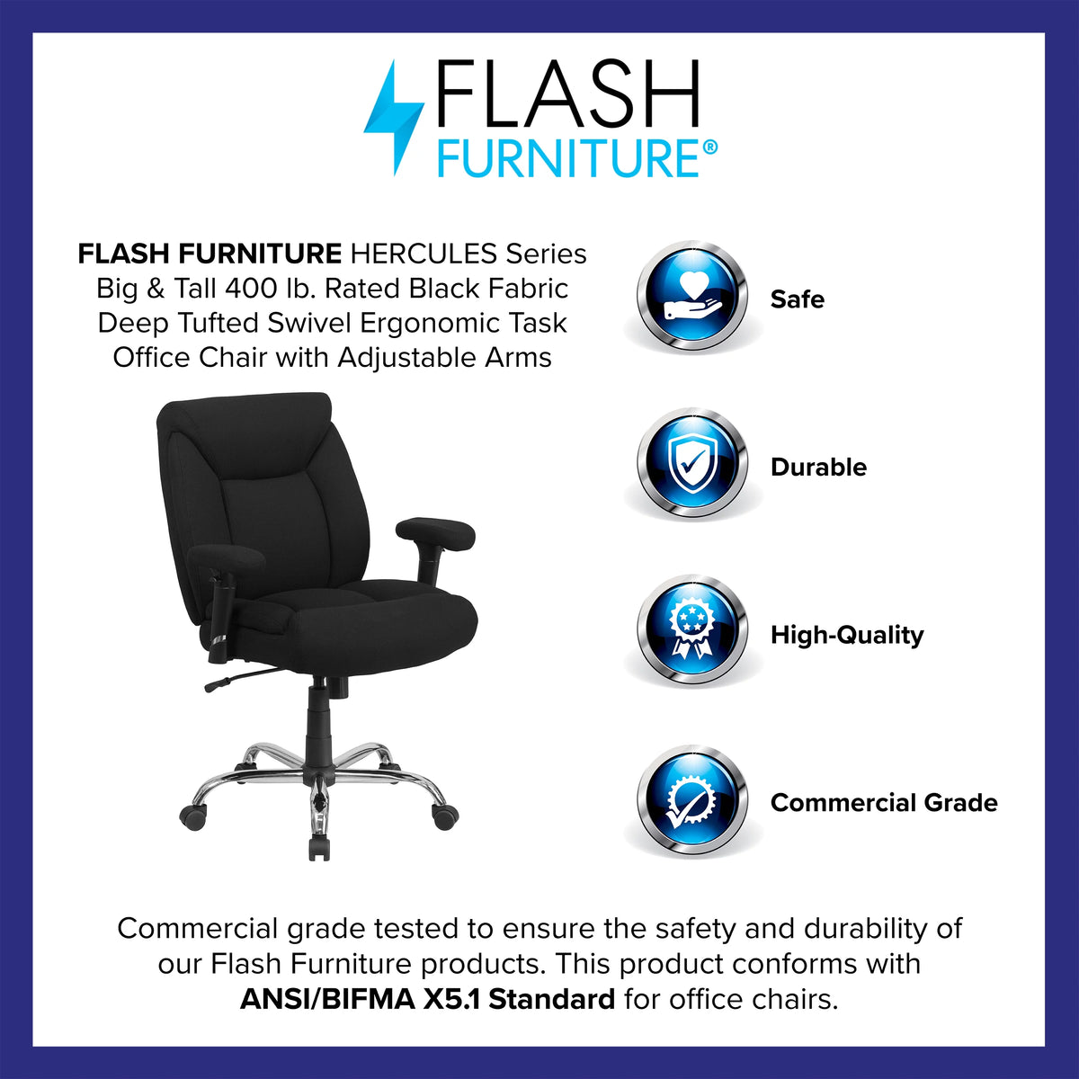 Big & Tall 400 lb. Rated Black Fabric Tufted Swivel Ergonomic Office Chair Y7249