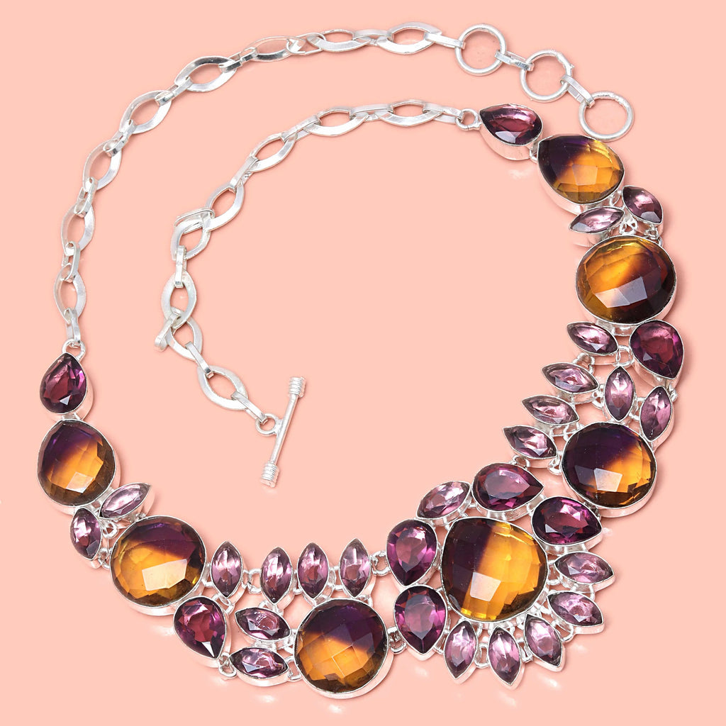 Ametrine Rubylite Faceted Gemstone Silver Necklace 18-20'' A21173