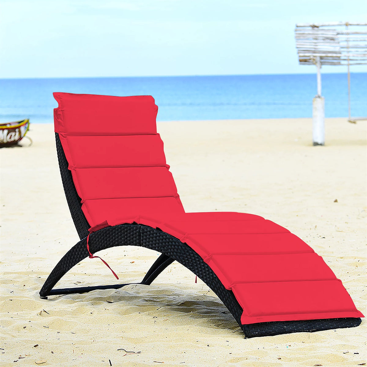 Folding Patio Rattan Lounge Chair Chaise Cushioned Red L8352