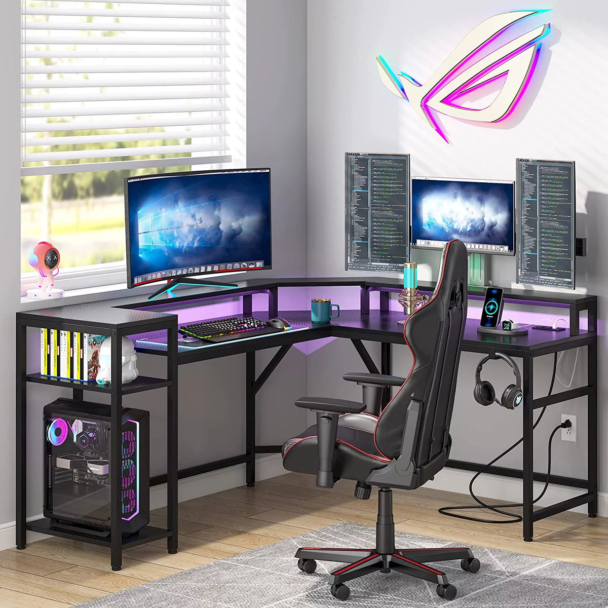Black L-Shaped Gaming Desk with LED Strips M8459