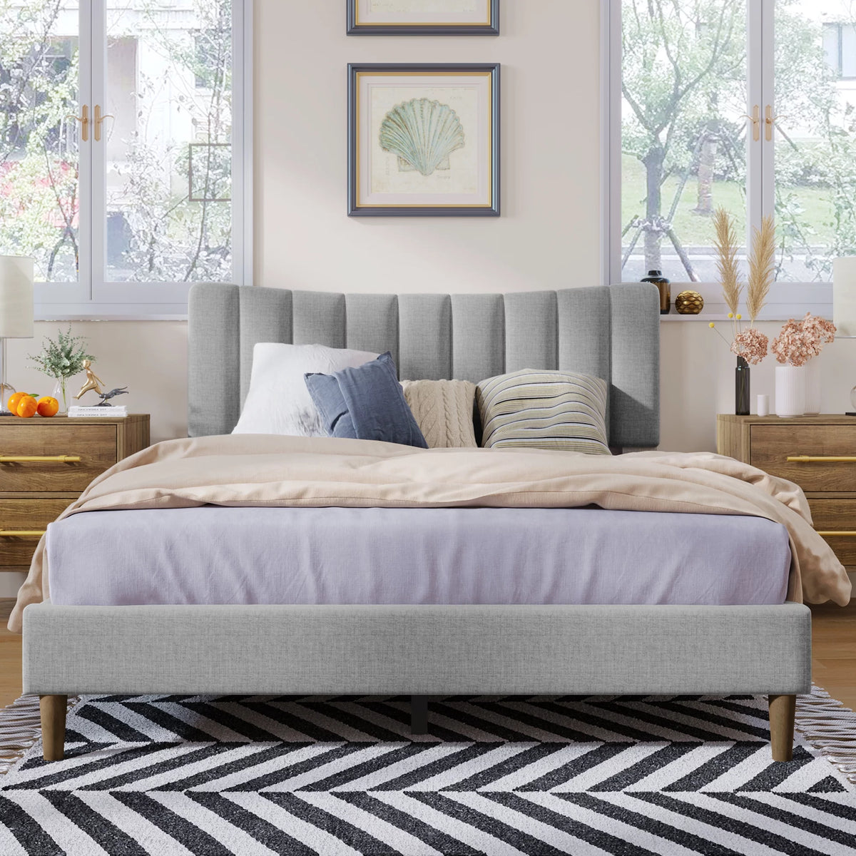 Queen Size Gray Linen Upholstered Platform Bed Frame with Tufted Headboard K480849