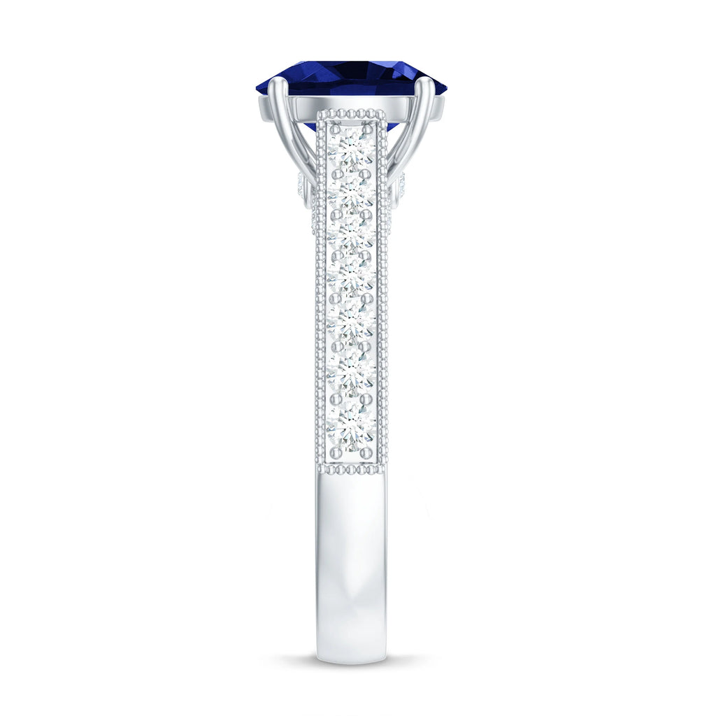 Created Blue Sapphire Solitaire Engagement Ring with Diamond, 925 Sterling Silver J77502