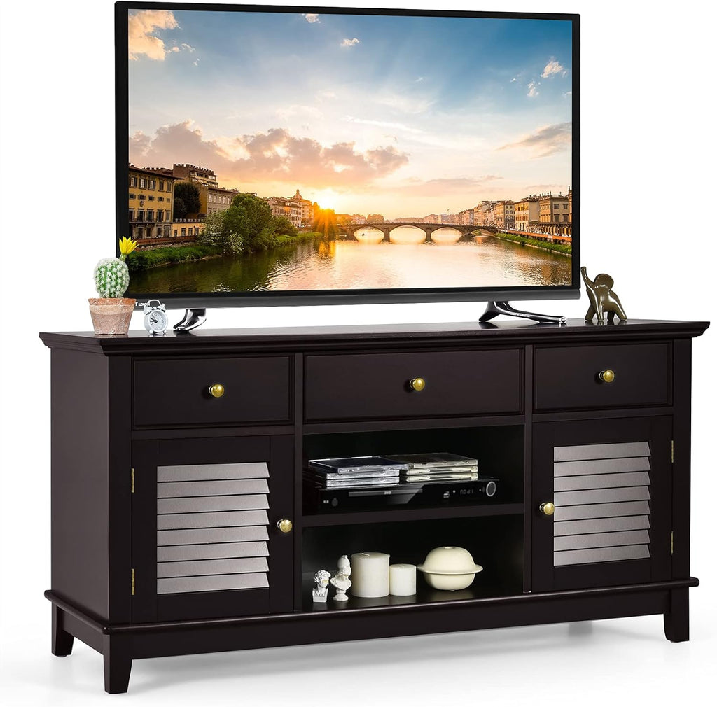 Wood TV Stand with 3 Drawers & 2 Shutter Door Cabinets (Brown) C45497
