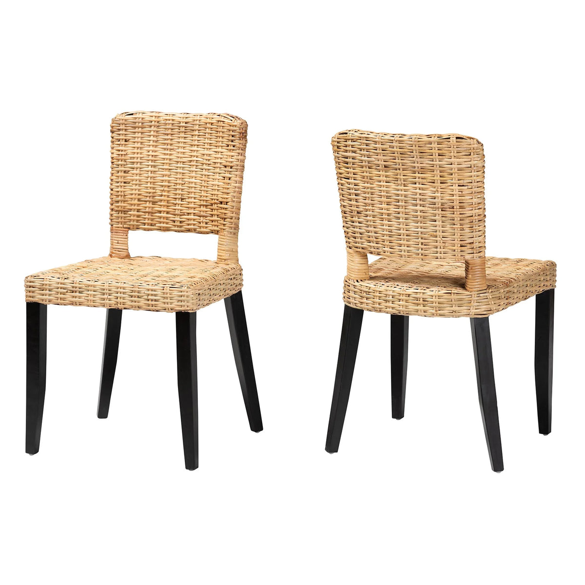 Dark Brown Wood and Natural Rattan 2-Piece Dining Chair Set O511