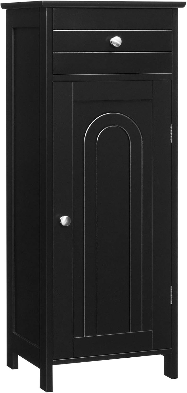 Black Wooden Bathroom Floor Cabinet with Drawer and 2 Adjustable Shelves J6056
