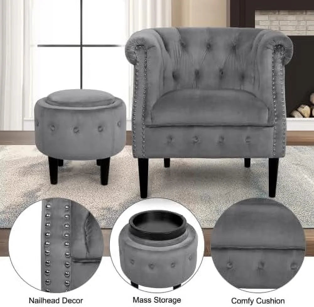 Mid-Century Velvet Accent Chair with Ottoman E29304