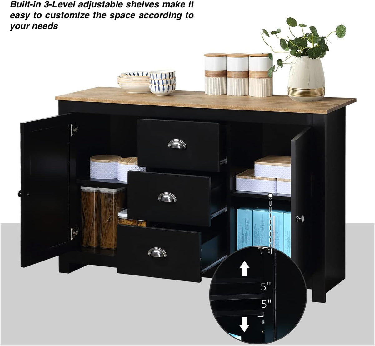 Black Kitchen Sideboard Buffet Storage Cabinet with 2 Side Cabinets 3 Drawers F9734