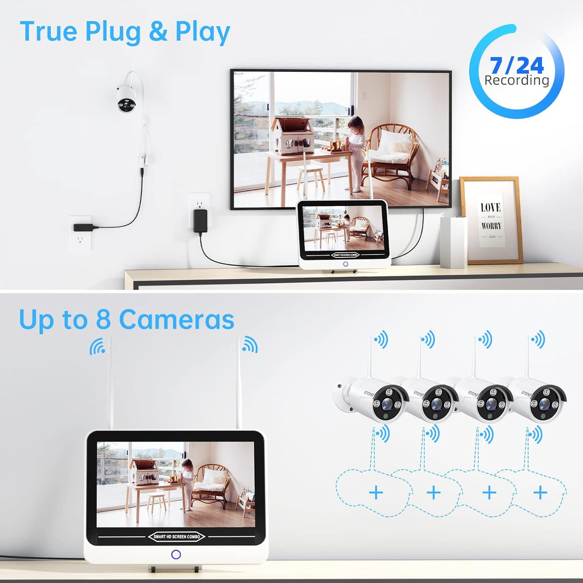 3MP Wireless Security Camera System with 12" Monitor 2TB Hard Drive, 8CH NVR Kit, 4Pcs Outdoor Indoor CCTV IP Cameras M7691