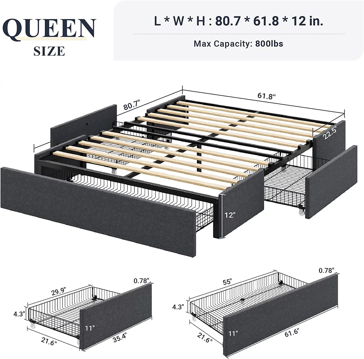 Queen Size Platform Bed Frame with 3 Storage Drawers L454