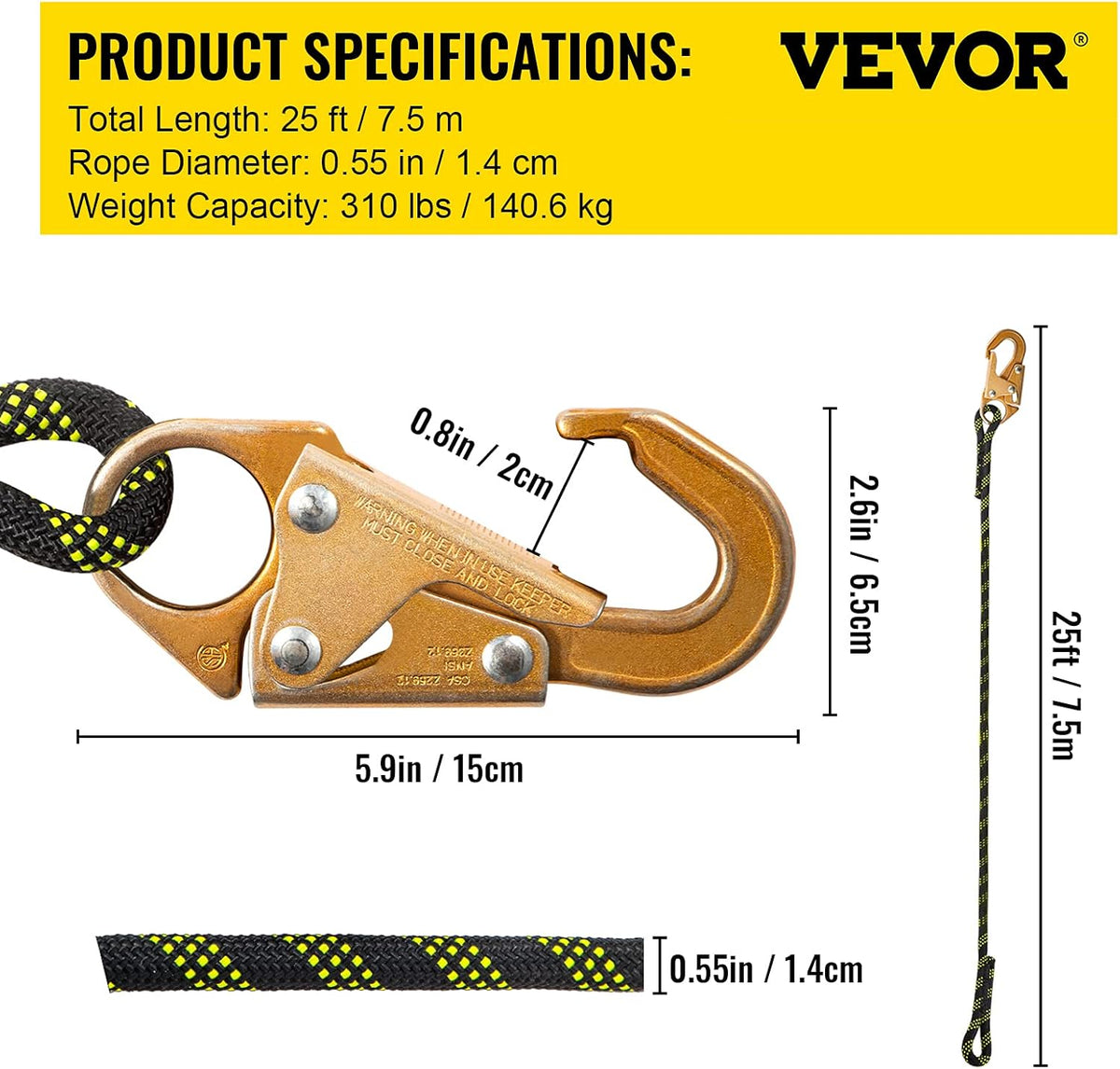 25 ft Polyester Fall Protection Rope with Alloy Steel Rope Grab, Pack of 2 S4228