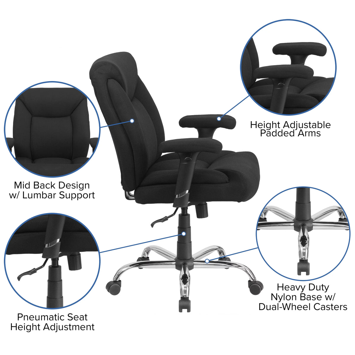 Big & Tall 400 lb. Rated Black Fabric Tufted Swivel Ergonomic Office Chair Y7249