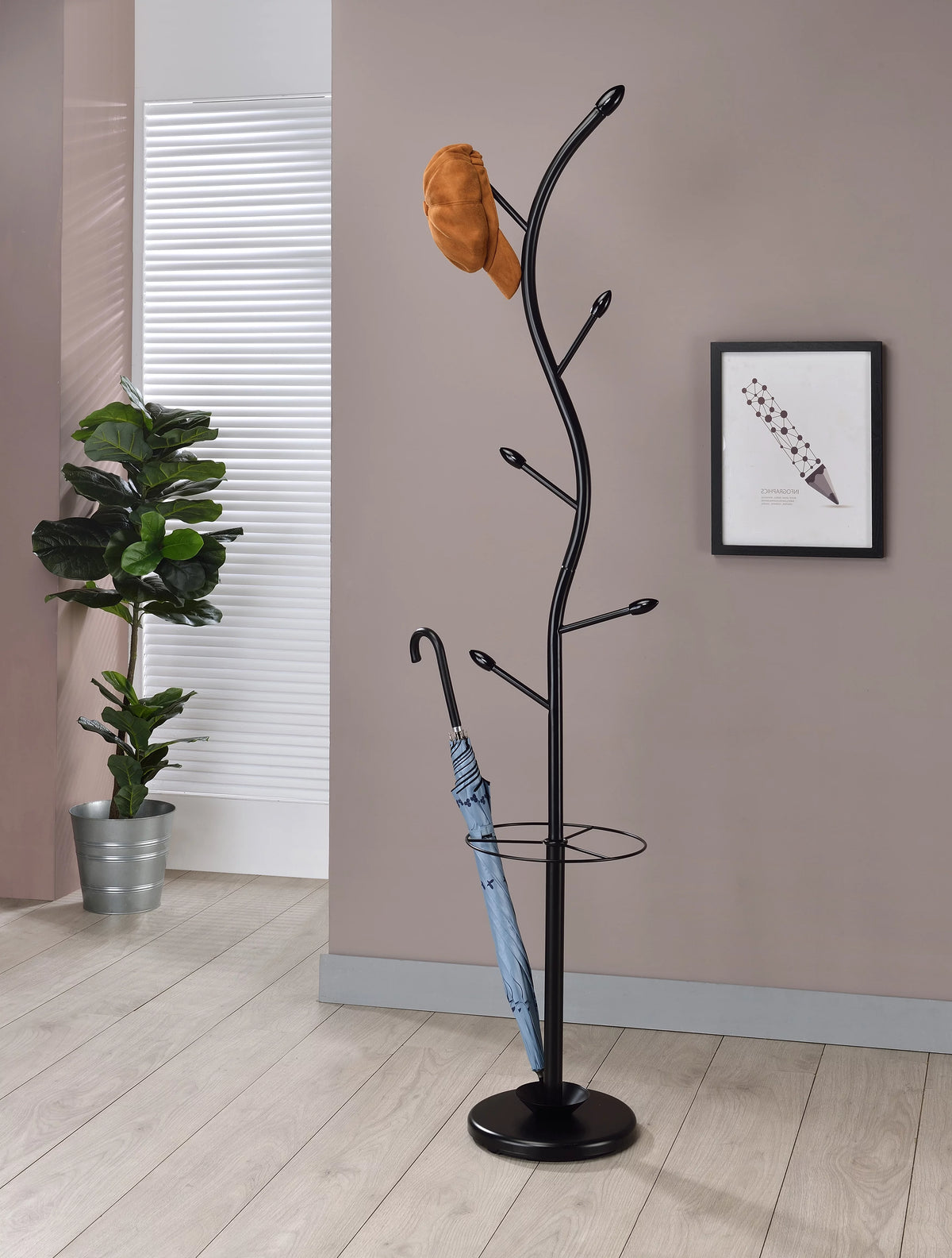 Black Metal Coat & Hat Rack with Umbrella Holder E535