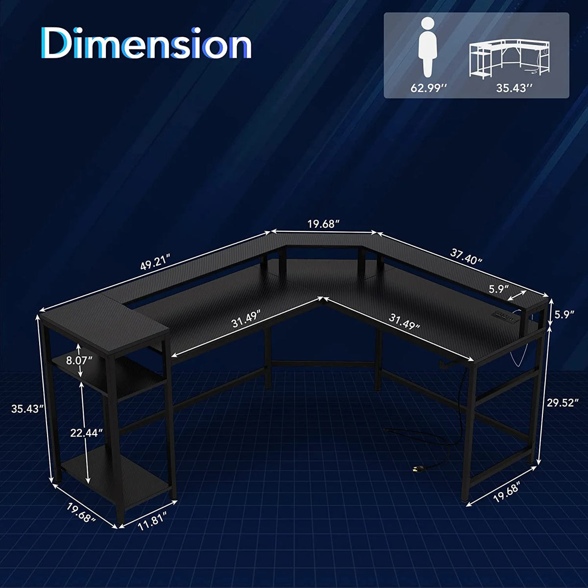 Black L-Shaped Gaming Desk with LED Strips M8459