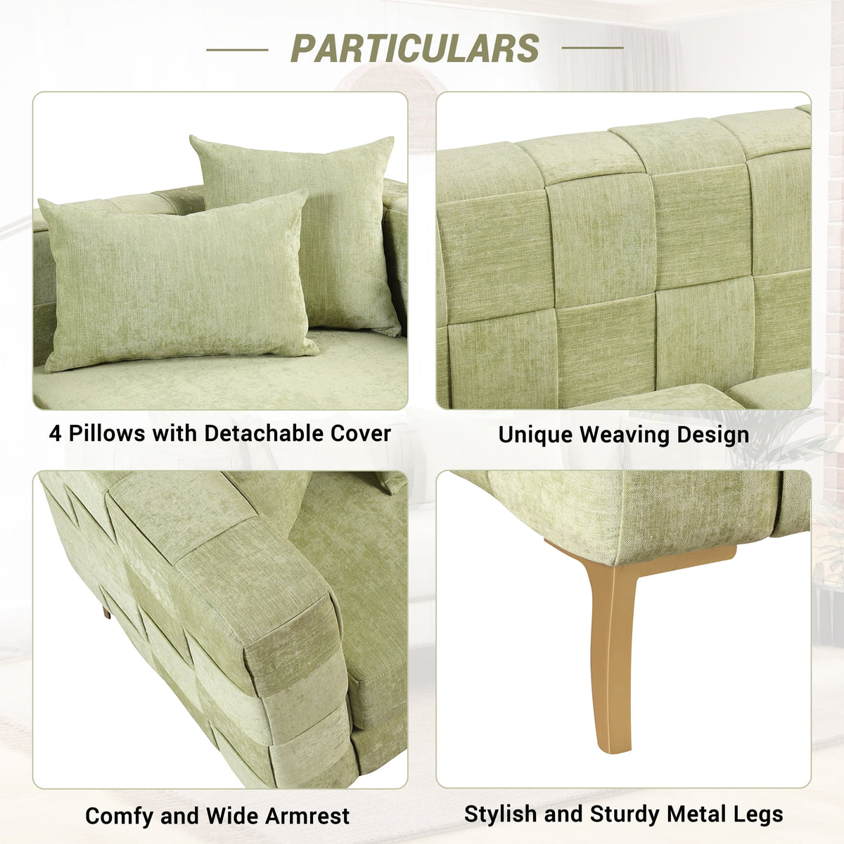 Green Upholstered Sofa with 4 Pillows and Golden Metal Legs T471850